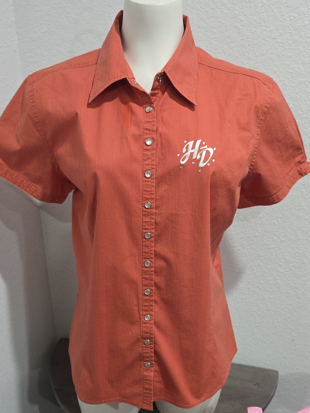 Harley Davidson Embroidered Coral Short-Sleeve Button-Up Shirt